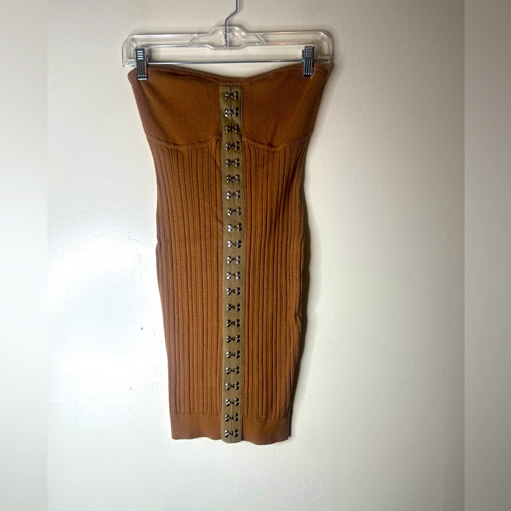 Jenue Pointelle Strapless Mini Dress in Camel
LPA